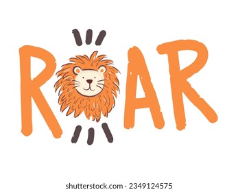 Design print of a cute funny lion. Nursery print with wild cat and lettering quote roar. Vector illustration isolated on white background. For birthday invitation, baby shower, card, poster, clothing.