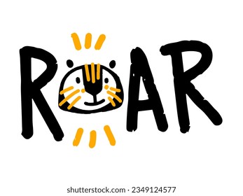 Diseño impreso de un tigre gracioso. Huella de guardería con gato salvaje y citas con letras ruidosas. Ilustración vectorial aislada en fondo blanco. Para invitación de cumpleaños, ducha de bebé, tarjeta, afiche, ropa