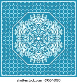 Design print with a Geometric Flower Pattern from Mandala. Vector illustration. Blue color. For Print Bandana, Nashnoy Shawl, Carpet, pillow