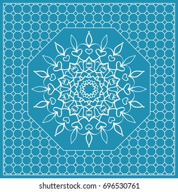 Design print with a Geometric Flower Pattern from Mandala. Vector illustration. Blue color. For Print Bandana, Nashnoy Shawl, Carpet, pillow