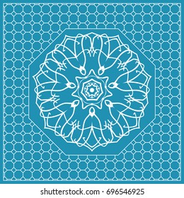 Design print with a Geometric Flower Pattern from Mandala. Vector illustration. Blue color. For Print Bandana, Nashnoy Shawl, Carpet, pillow