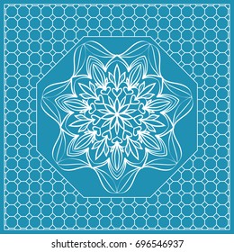 Design print with a Geometric Flower Pattern from Mandala. Vector illustration. Blue color. For Print Bandana, Nashnoy Shawl, Carpet, pillow