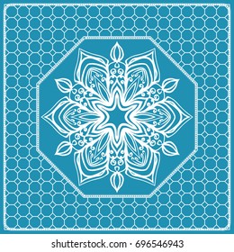 Design print with a Geometric Flower Pattern from Mandala. Vector illustration. Blue color. For Print Bandana, Nashnoy Shawl, Carpet, pillow