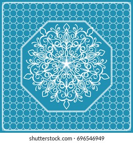 Design print with a Geometric Flower Pattern from Mandala. Vector illustration. Blue color. For Print Bandana, Nashnoy Shawl, Carpet, pillow