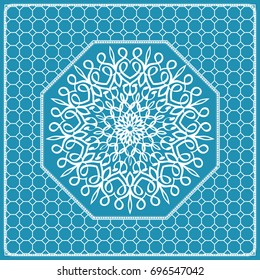 Design print with a Geometric Flower Pattern from Mandala. Vector illustration. Blue color. For Print Bandana, Nashnoy Shawl, Carpet, pillow