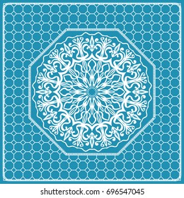 Design print with a Geometric Flower Pattern from Mandala. Vector illustration. Blue color. For Print Bandana, Nashnoy Shawl, Carpet, pillow