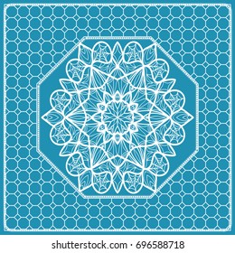 Design print with a Geometric Flower Pattern from Mandala. Vector illustration. Blue color. For Print Bandana, Nashnoy Shawl, Carpet, pillow