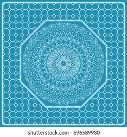 Design print with a Geometric Flower Pattern from Mandala. Vector illustration. Blue color. For Print Bandana, Nashnoy Shawl, Carpet, pillow