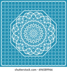 Design print with a Geometric Flower Pattern from Mandala. Vector illustration. Blue color. For Print Bandana, Nashnoy Shawl, Carpet, pillow