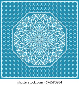 Design print with a Geometric Flower Pattern from Mandala. Vector illustration. Blue color. For Print Bandana, Nashnoy Shawl, Carpet, pillow