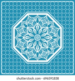 Design print with a Geometric Flower Pattern from Mandala. Vector illustration. Blue color. For Print Bandana, Nashnoy Shawl, Carpet, pillow