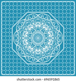 Design print with a Geometric Flower Pattern from Mandala. Vector illustration. Blue color. For Print Bandana, Nashnoy Shawl, Carpet, pillow