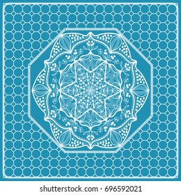 Design print with a Geometric Flower Pattern from Mandala. Vector illustration. Blue color. For Print Bandana, Nashnoy Shawl, Carpet, pillow