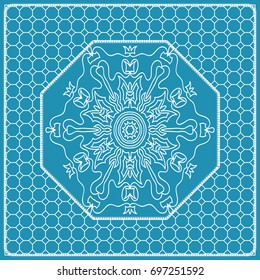 Design print with a Geometric Flower Pattern from Mandala. Vector illustration. Blue color. For Print Bandana, Nashnoy Shawl, Carpet, pillow