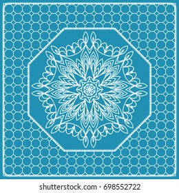 Design print with a Geometric Flower Pattern from Mandala. Vector illustration. Blue color. For Print Bandana, Nashnoy Shawl, Carpet, pillow
