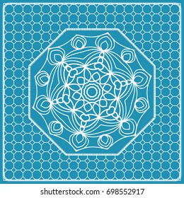 Design print with a Geometric Flower Pattern from Mandala. Vector illustration. Blue color. For Print Bandana, Nashnoy Shawl, Carpet, pillow