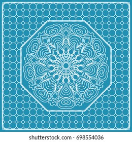 Design print with a Geometric Flower Pattern from Mandala. Vector illustration. Blue color. For Print Bandana, Nashnoy Shawl, Carpet, pillow