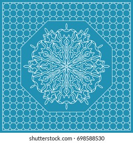 Design print with a Geometric Flower Pattern from Mandala. Vector illustration. Blue color. For Print Bandana, Nashnoy Shawl, Carpet, pillow