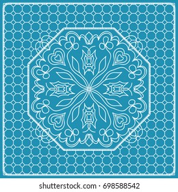 Design print with a Geometric Flower Pattern from Mandala. Vector illustration. Blue color. For Print Bandana, Nashnoy Shawl, Carpet, pillow