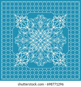 Design print with a Geometric Flower Pattern from Mandala. Vector illustration. Blue color. For Print Bandana, Nashnoy Shawl, Carpet, pillow
