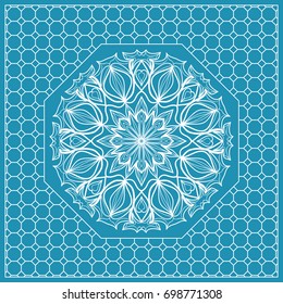 Design print with a Geometric Flower Pattern from Mandala. Vector illustration. Blue color. For Print Bandana, Nashnoy Shawl, Carpet, pillow