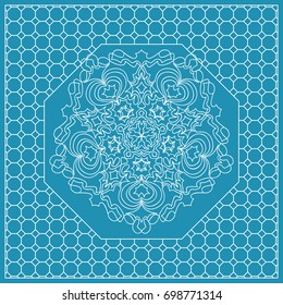 Design print with a Geometric Flower Pattern from Mandala. Vector illustration. Blue color. For Print Bandana, Nashnoy Shawl, Carpet, pillow