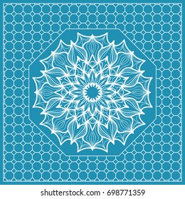 Design print with a Geometric Flower Pattern from Mandala. Vector illustration. Blue color. For Print Bandana, Nashnoy Shawl, Carpet, pillow