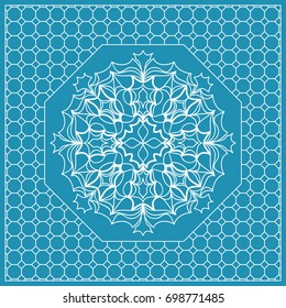 Design print with a Geometric Flower Pattern from Mandala. Vector illustration. Blue color. For Print Bandana, Nashnoy Shawl, Carpet, pillow