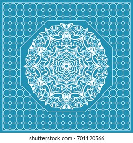 Design print with a Geometric Flower Pattern from Mandala. Vector illustration. Blue color. For Print Bandana, Nashnoy Shawl, Carpet, pillow