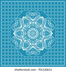 Design print with a Geometric Flower Pattern from Mandala. Vector illustration. Blue color. For Print Bandana, Nashnoy Shawl, Carpet, pillow