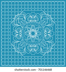 Design print with a Geometric Flower Pattern from Mandala. Vector illustration. Blue color. For Print Bandana, Nashnoy Shawl, Carpet, pillow