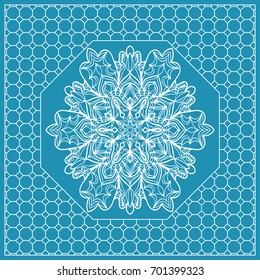 Design print with a Geometric Flower Pattern from Mandala. Vector illustration. Blue color. For Print Bandana, Nashnoy Shawl, Carpet, pillow