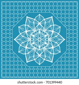 Design print with a Geometric Flower Pattern from Mandala. Vector illustration. Blue color. For Print Bandana, Nashnoy Shawl, Carpet, pillow