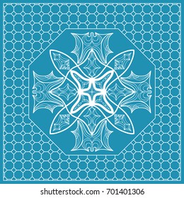 Design print with a Geometric Flower Pattern from Mandala. Vector illustration. Blue color. For Print Bandana, Nashnoy Shawl, Carpet, pillow