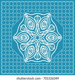 Design print with a Geometric Flower Pattern from Mandala. Vector illustration. Blue color. For Print Bandana, Nashnoy Shawl, Carpet, pillow