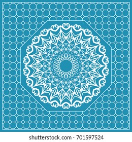 Design print with a Geometric Flower Pattern from Mandala. Vector illustration. Blue color. For Print Bandana, Nashnoy Shawl, Carpet, pillow