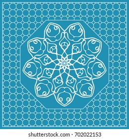 Design print with a Geometric Flower Pattern from Mandala. Vector illustration. Blue color. For Print Bandana, Nashnoy Shawl, Carpet, pillow