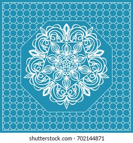 Design print with a Geometric Flower Pattern from Mandala. Vector illustration. Blue color. For Print Bandana, Nashnoy Shawl, Carpet, pillow