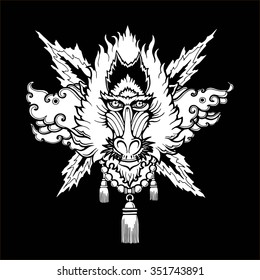The design of the print head monkeys mandrills. Black and white stylized image of a mandrill. The image monkey in oriental style.