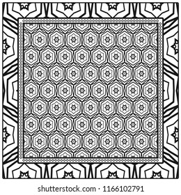 Design print for kerchief. The pattern of geometric floral ornament. Vector illustration. The idea for design prints for neck scarves, carpets, bandanas.