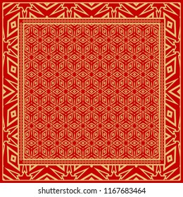 Design print for kerchief. The pattern of geometric floral ornament. Vector illustration. The idea for design prints for neck scarves, carpets, bandanas.