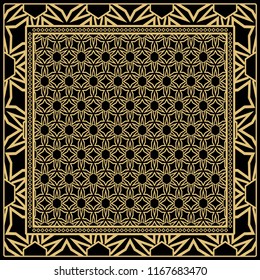 Design print for kerchief. The pattern of geometric floral ornament. Vector illustration. The idea for design prints for neck scarves, carpets, bandanas.