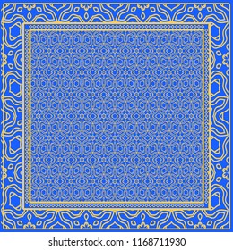 Design print for kerchief. The pattern of geometric floral ornament. Vector illustration. The idea for design prints for neck scarves, carpets, bandanas.