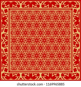 Design print for kerchief. The pattern of geometric floral ornament. Vector illustration. The idea for design prints for neck scarves, carpets, bandanas.