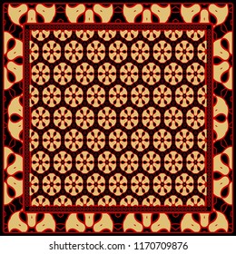 Design print for kerchief. The pattern of geometric floral ornament. Vector illustration. The idea for design prints for neck scarves, carpets, bandanas.