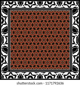 Design print for kerchief. The pattern of geometric floral ornament. Vector illustration. The idea for design prints for neck scarves, carpets, bandanas.