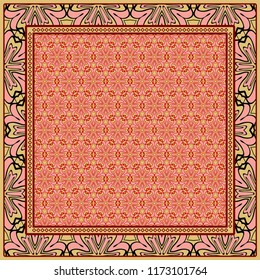 Design print for kerchief. The pattern of geometric floral ornament. Vector illustration. The idea for design prints for neck scarves, carpets, bandanas.