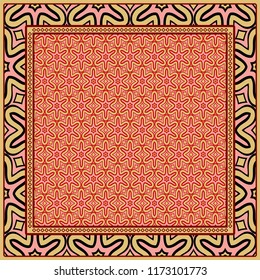 Design print for kerchief. The pattern of geometric floral ornament. Vector illustration. The idea for design prints for neck scarves, carpets, bandanas.