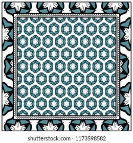 Design print for kerchief. The pattern of geometric floral ornament. Vector illustration. The idea for design prints for neck scarves, carpets, bandanas.