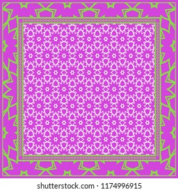 Design print for kerchief. The pattern of geometric floral ornament. Vector illustration. The idea for design prints for neck scarves, carpets, bandanas.